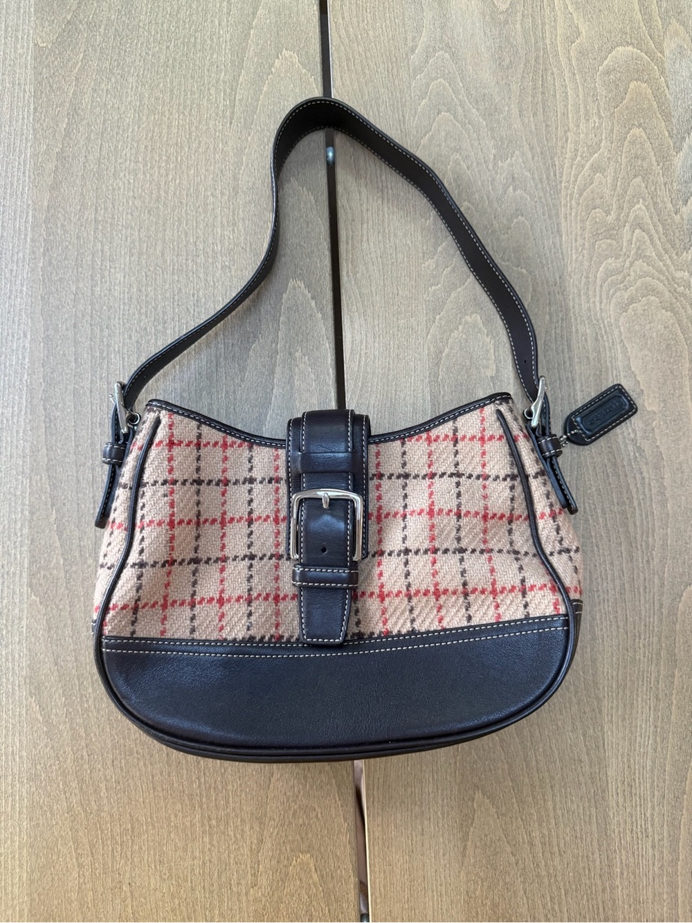 Coach Soho Brown Leather-Trim Checked Shoulder Bag Rare Y2K Vintage